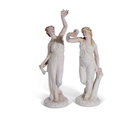 Two 19th century Worcester figures allegorical of Liberty and Captivity modelled as ladies, one holing a dove aloft the other