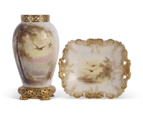 Large Royal Worcester Baluster vase (Grainger works) painted with birds together with a dish with similar painting both with 
