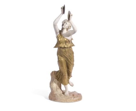 Large and impressive Royal Worcester Hadley figure of a musician or cymbalist, decorated in shot enamels, impressed Hadley to