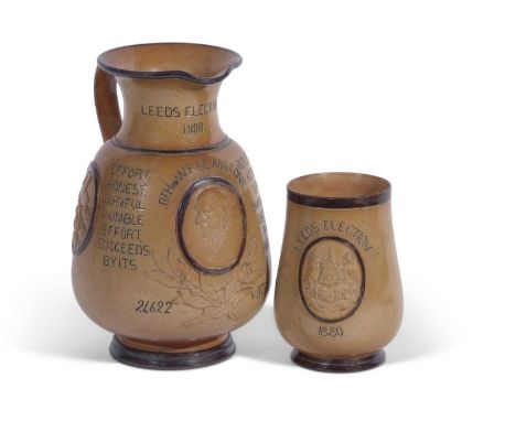 Two Political commemoratives by Lambeth Doulton to commemorate the Leeds Election 1880 with rosettes of flowers, portrait and
