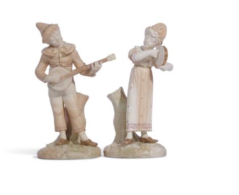 Pair of Royal Worcester Hadley figures of musicians modelled as a boy and a girl, the girl with tambourine, the boy with mand