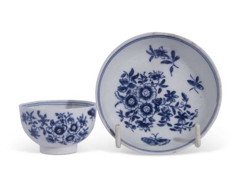 A Lowestoft porcelain toy teabowl and saucer c.1770 printed in blue with a version of the Worcester 3 flowers pattern togethe