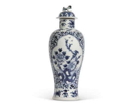 Chinese vase and cover with blue and white Kangxi style design, 19th century Qing dynasty, six character mark on base for Hsi