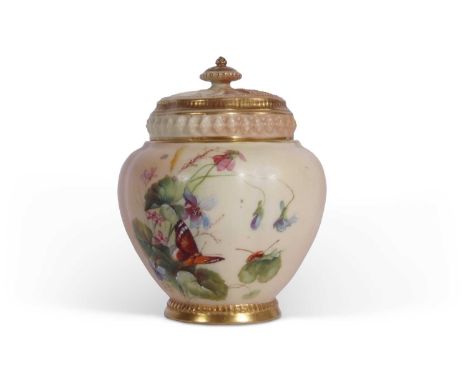 Royal Worcester jar and cover, blush ground painted with butterflies possibly by Raby 