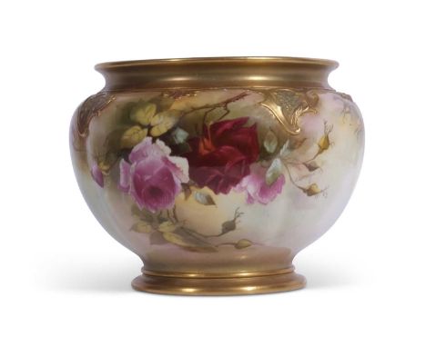 Large Royal Worcester Jardinare of lobed form decorated with roses and signed by J Llewllyn, 22cm dia
