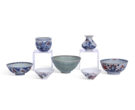 Group of Chinese ceramics comprising a Longquan celadon ground bowl, 18th century Imari bowl, Kangxi style wucai bowl, two fu