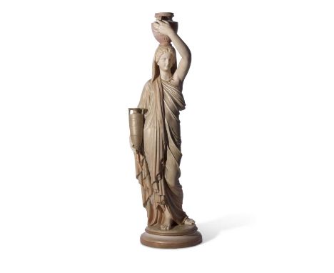 Very large Royal Worcester figure of a water carrier on circular base, probably designed as a lamp base, the lady with a jar 