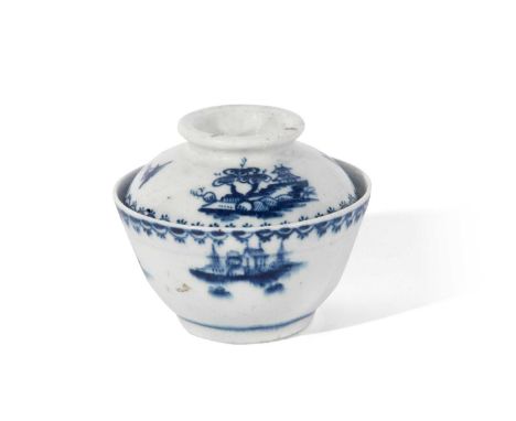 An early Lowestoft porcelain toy sucrier and cover c.1765 painted with Chinese island scenes within a berry border6cm diamete