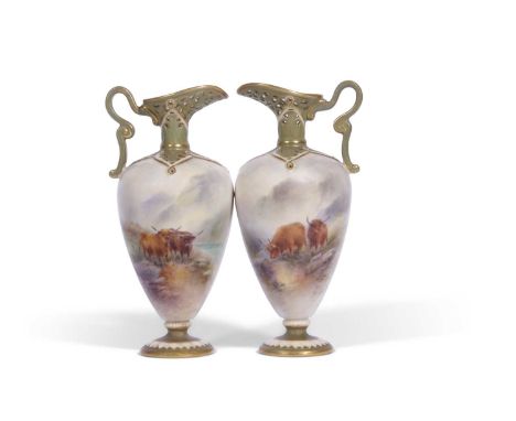 Pair of Royal Worcester ewers decorated with cattle in Highland scene decorated by H Stinton the ewers with reticulated tops 