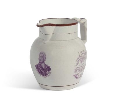An early 19th century Pearlware jug decorated in puce with a portrait of Nelson with line up of British ships at Trafalgar17c
