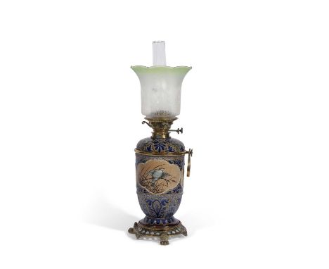 Doulton oil Lamp decorated with panels of birds by Florence Barlow within blue geometric boarders and metal mounts to base an