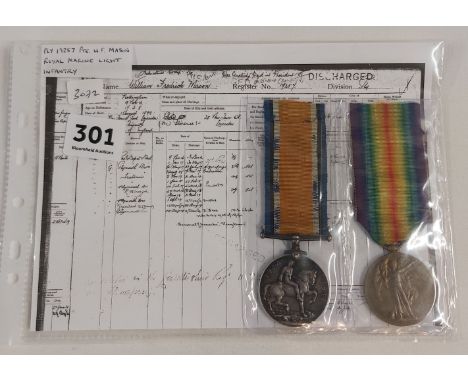 PAIR OF WW1 MEDALS PLY 19257 PTE W.F.MASON R.M.L.I - ROYAL MARINE LIGHT INFANTRY (QUITE A SCARCE REGIMENT)