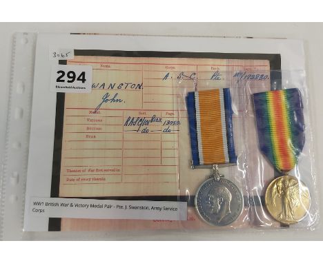 WW1 BRITISH &amp; VICTORY MEDAL PAIR - PTE J SWANSTON ARMY SERVICE CORPS