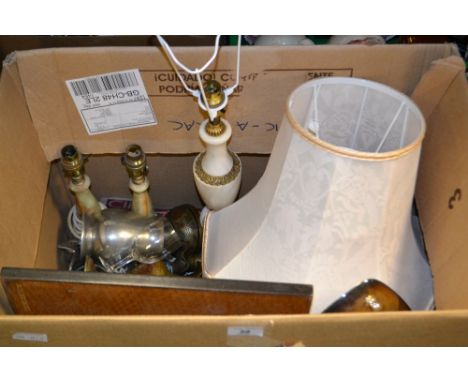 A white marble and gilt-brass table lamp and shade, a pair of onyx table lamps with shades, together with various pewter tank