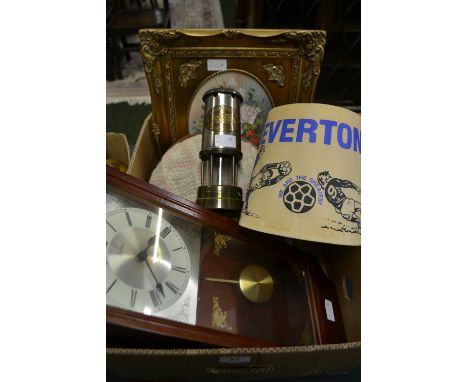 Modern oil painting, Everton FC lamp shade, a British coal mining oil lamp and a modern wall clock