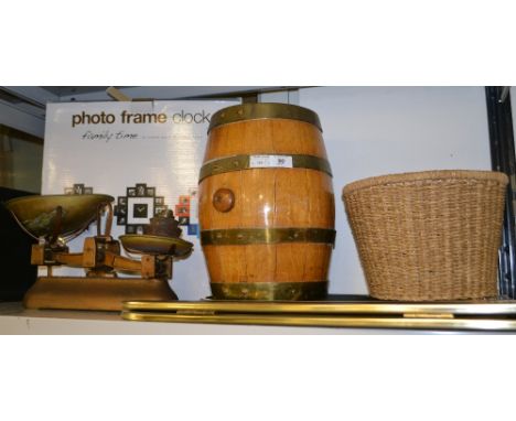 A set of Avery kitchen scales and a coopered barrell and other household items