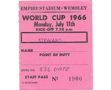 1966 WORLD CUP ENGLAND V URUGUAY RARE STEWARDS TICKET 11TH JULY 1966