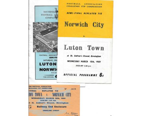 1959 FA CUP S/F LUTON V NORWICH + REPLAY AND REPLAY TICKET ( BIRMINGHAM CITY )
Programmes for 1st game at Tottenham good cond