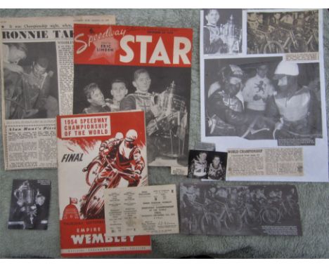 &nbsp;SPEEDWAY - 1954 WORLD FINAL @ WEMBLEY + PRESS&nbsp; TICKET &amp; CUTTINGS
Results noted.  