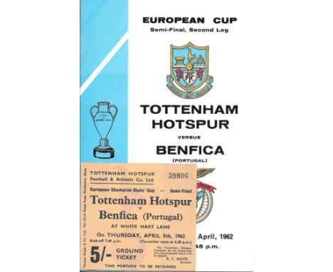 1961-62 EUROPEAN CUP S/F TOTTENHAM HOTSPUR V BENFICA PROGRAMME &amp; TICKET
Both good condition