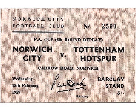 1958-59 NORWICH CITY V TOTTENHAM HOTSPUR FA CUP 5TH ROUND REPLAY TICKET
Good condition
