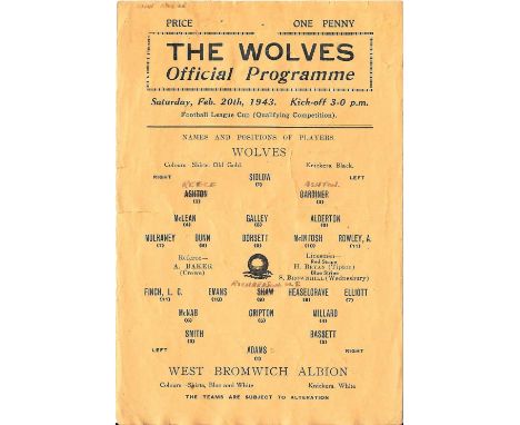 1942-43 WOLVERHAMPTON WANDERERS V WEST BROMWICH ALBION WAR CUP
Rare single sheet programme for this Football Lge Cup qualifin