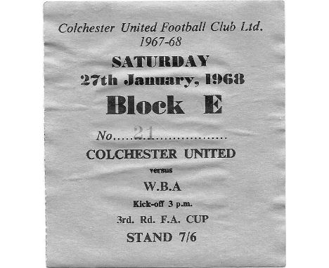 1967-68 COLCHESTER UNITED V WEST BROMWICH ALBION FA CUP TICKET
Rare ticket from West Brom's FA Cup winning season&nbsp;
Sligh