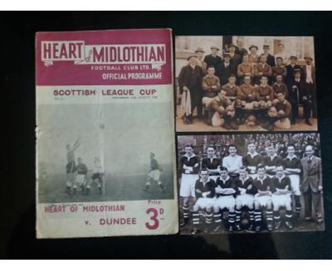 HEARTS v DUNDEE LEAGUE CUP 1954 PROGRAMME + PHOTO'S
Slight tear near staple + 2 reprinted photos