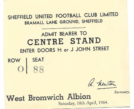 1963-64 SHEFFIELD UNITED V WEST BROMWICH ALBION TICKET
Slight fold
