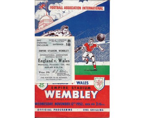 1952 ENGLAND V WALES PROGRAMME, TICKET &amp; NEWSPAPER MATCH REPORT
Slight rusting on staple, Ticket good