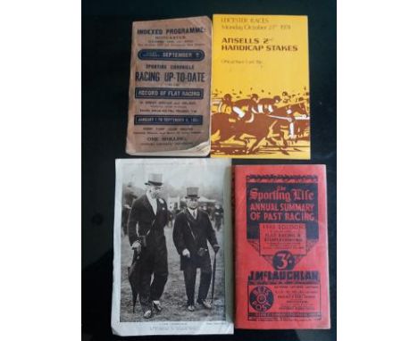 HORSE RACING MEMORABILIA
4 items - 2 Books Sporting Chronicle 1943 300 pages, 1930s Racing annual 600 pages 1919 Card.&amp; P