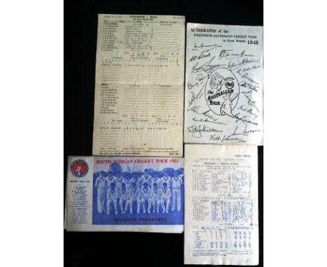 CRICKET - 1951 STH AFRICA TOUR, 1948 AUSTRALIAN PRINTED AUTOGRAPHS &amp; TWO VINTAGE SCORECARDS
Scorecards Lancs v India,1952