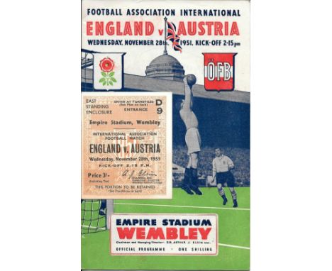 1951 ENGLAND V AUSTRIA - PROGRAMME, TICKET &amp; SONG SHEET&nbsp;
Programme &amp; Ticket both good condition
Song sheet - Sli