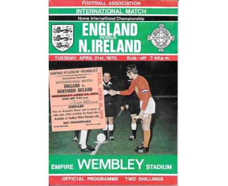 1970 ENGLAND V NORTHERN IRELAND - PROGRAMME &amp; RARE STEWARDS TICKET
Programme slight folds, Ticket good