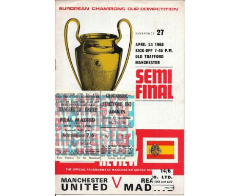 197-68 EUROPEAN CUP S/F MANCHESTER UNITED V REAL MADRID PROGRAMME &amp; TICKET
Programme - Token missing
Ticket - Good with v