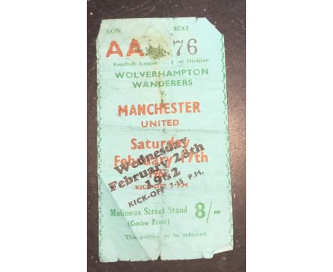 1961-62 WOLVERHAMPTON WANDERERS V MANCHESTER UNITED TICKET
Worn