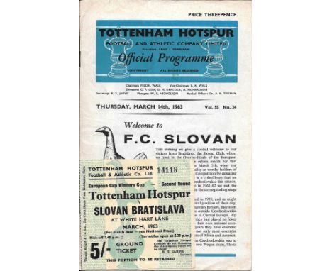 1962-63 TOTTENHAM HOTSPUR V SLOVAN BRATISLAVA ECWC PROGRAMME &amp; TICKET
Programme - slight mark
Ticket - folds