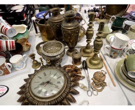 Collection of mixed metalware items, including vases, chestnut roaster and candlestick holders etc. Not available for in-hous