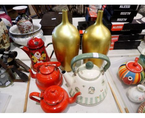 Mixed collection of items, including enamel kettles, tea and coffee pots and a modern vase. Not available for in-house P&amp;