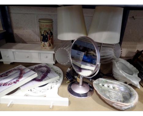 Mixed collection of items, including a dressing table mirror, 2 table lamps, shades and shells etc. All electrical items in t
