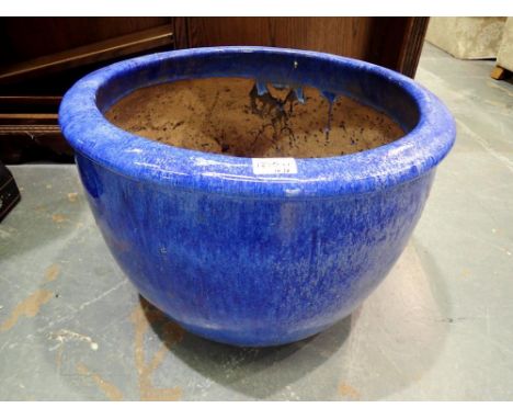Large modern blue glazed planter, D: 53 cm, H: 35 cm. Not available for in-house P&amp;P