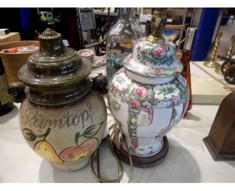Large Chinese temple jar re-purposed as a table lamp, overall 40cm H and West German Rumtopf jar, H: 37 cm. All electrical it
