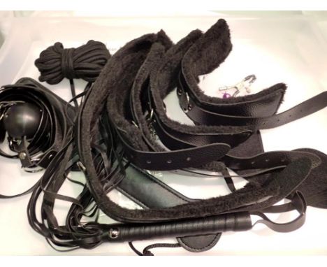 Sealed BDSM accessory kit to includes restraints , taming collar, gimp gag and whip. Not available for in-house P&amp;P