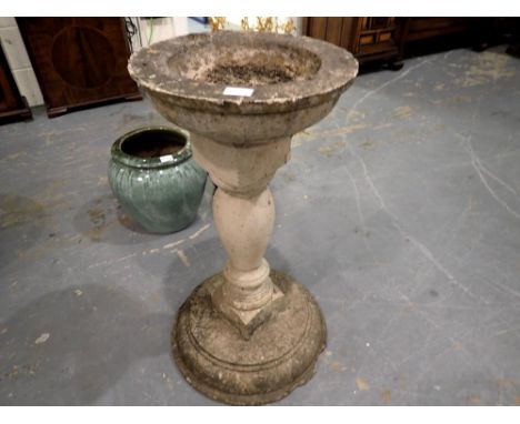 20th century reconstituted stone bird bath, circular stepped base with baluster form pedestal and circular basin, H: 77 cm. N