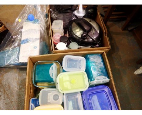 Three boxes of kitchenware including a pressure cooker. All electrical items in this lot have been PAT tested for safety and 