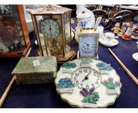 Mixed collection of items, including a brass anniversary clock, quartz carriage clock and an onyx and brass box etc. Not avai