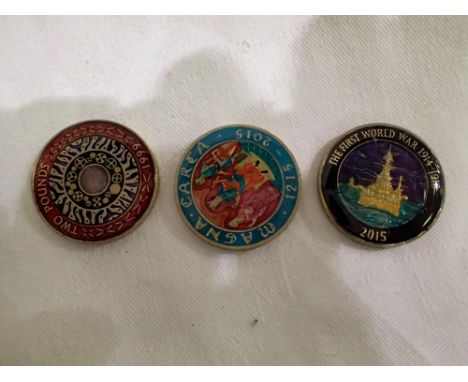 Three enamel painted £2 coins. UK P&amp;P Group 0 (£6+VAT for the first lot and £1+VAT for subsequent lots) 