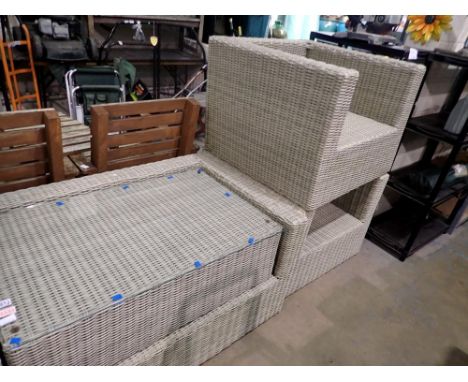 Large wicker garden set of two chairs, one sofa and a glass topped table. Not available for in-house P&amp;P