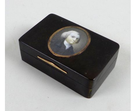 A Georgian style faux tortoiseshell box, circa 1940, of rectangular section with hinged lid inset with an oval portrait minia