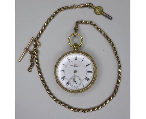 A George V 18ct gold open faced pocket watch, key wind, the white enamel dial signed 'Best' English Lever, no 18025, black Ro